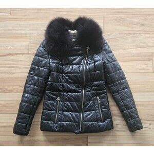 Vintage 80s Italian‎ black quilted leather coat genuine fox fur collar womens S